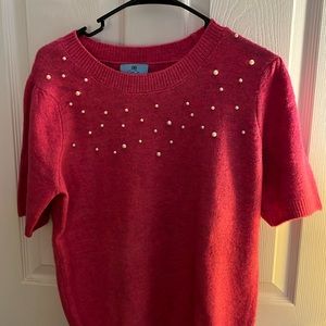 CeCe rose pink beaded sweater, short sleeves, size medium.